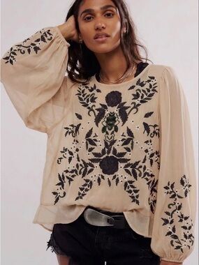 NWT Free People Chiffon Floral Embroidered Open Back Top